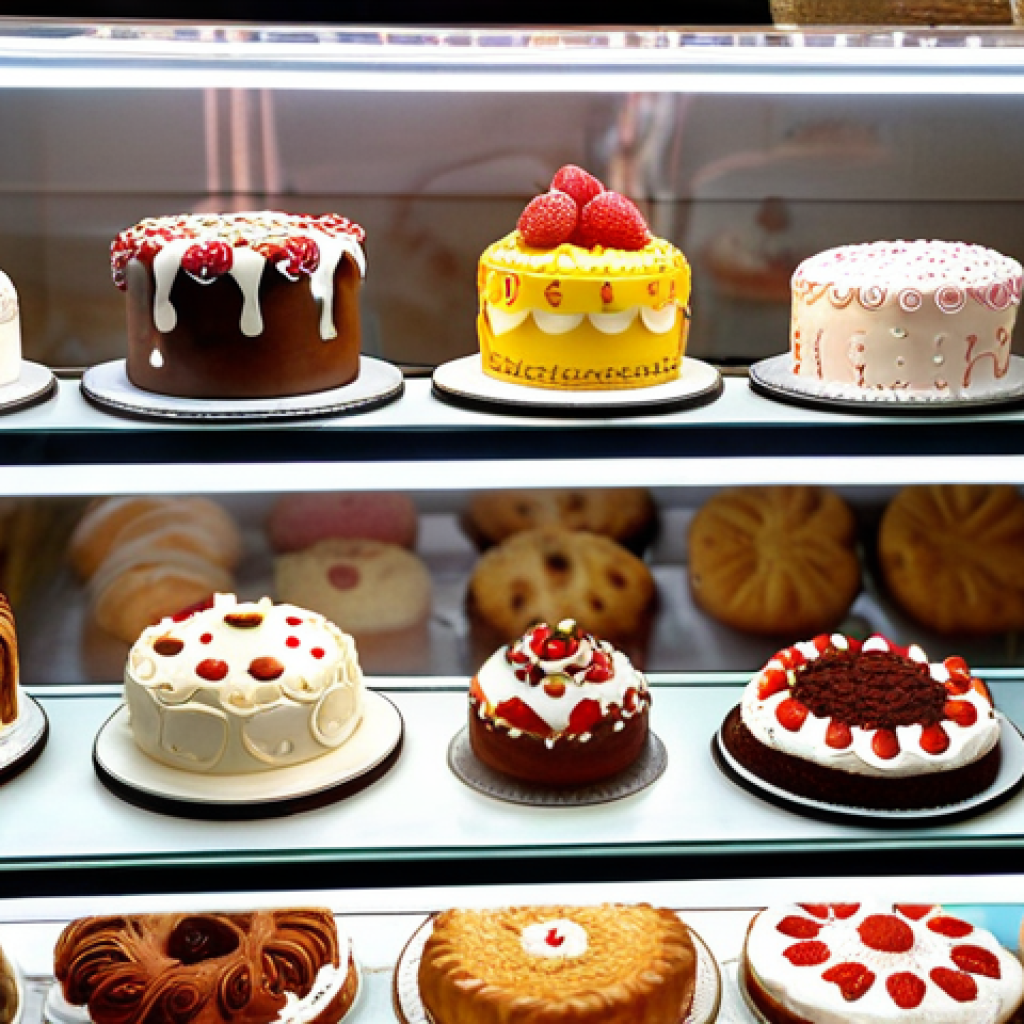 **A brightly lit bakery display case filled with elaborately decorated custom cakes.** (Focus on "bolos personalizados" and the overall success of the bakery dream.)