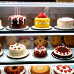**A brightly lit bakery display case filled with elaborately decorated custom cakes.** (Focus on "bolos personalizados" and the overall success of the bakery dream.)