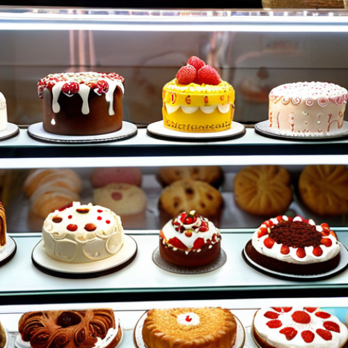 **A brightly lit bakery display case filled with elaborately decorated custom cakes.** (Focus on "bolos personalizados" and the overall success of the bakery dream.)