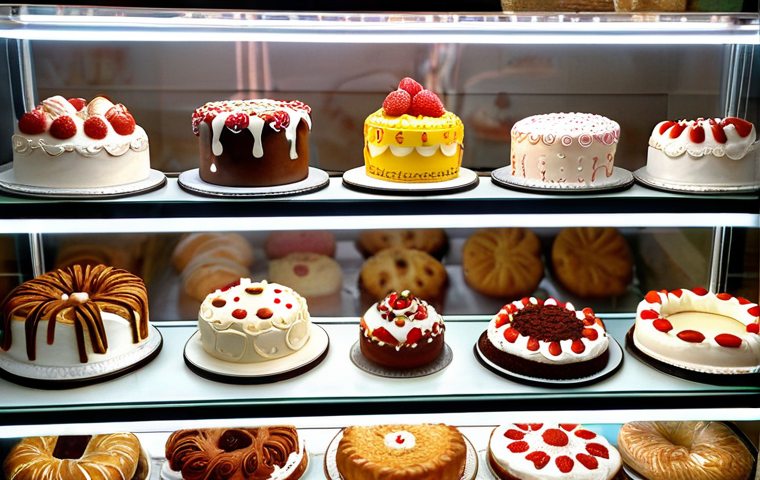 **A brightly lit bakery display case filled with elaborately decorated custom cakes.** (Focus on "bolos personalizados" and the overall success of the bakery dream.)