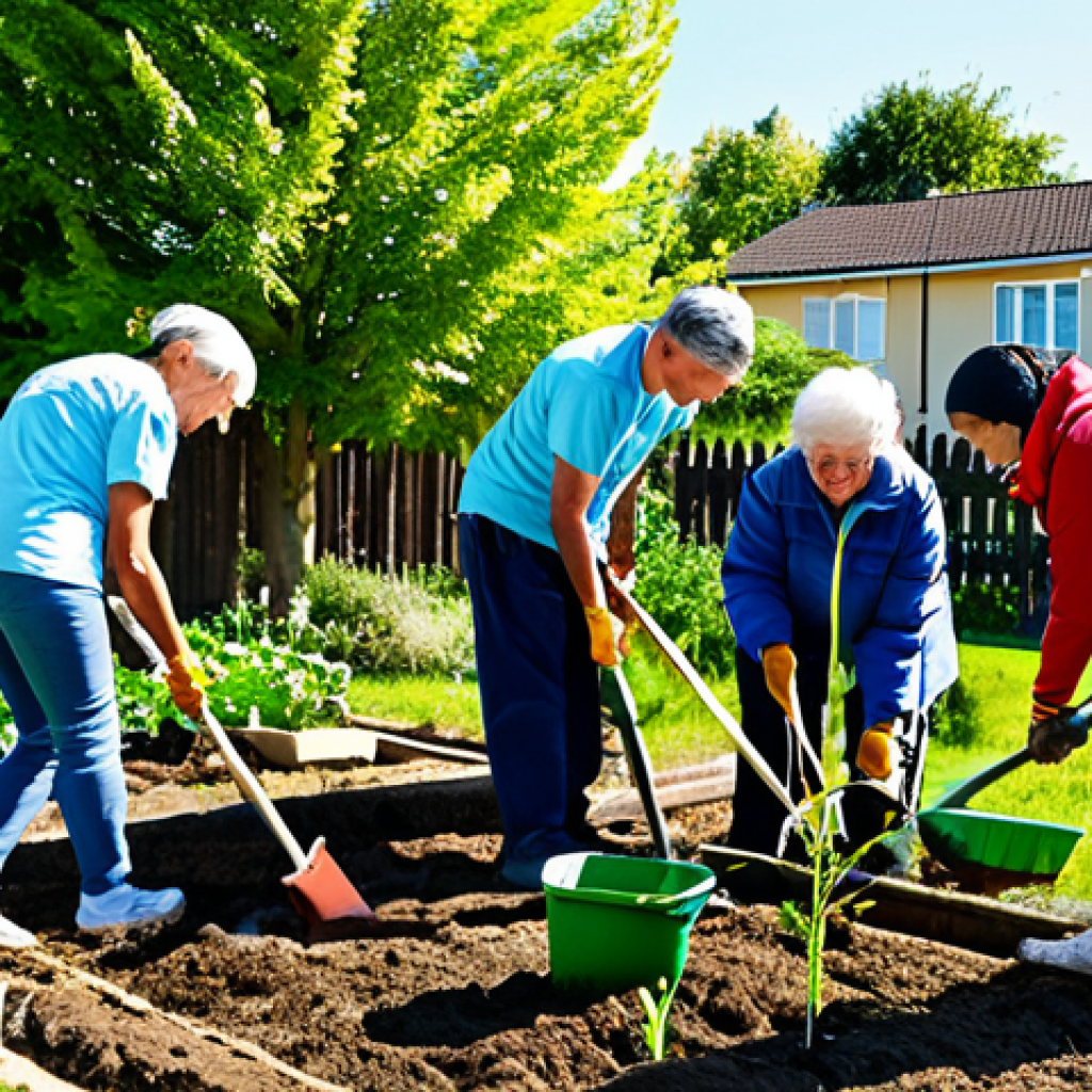 사회적 기여가 삶의 목적에 미치는 영향 - **

A group of volunteers planting trees in a community garden, fully clothed in gardening attire, d...