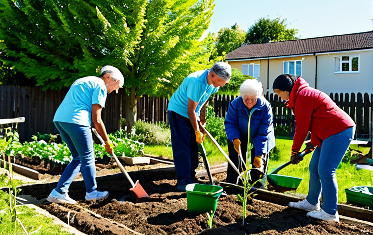 사회적 기여가 삶의 목적에 미치는 영향 - **

A group of volunteers planting trees in a community garden, fully clothed in gardening attire, d...