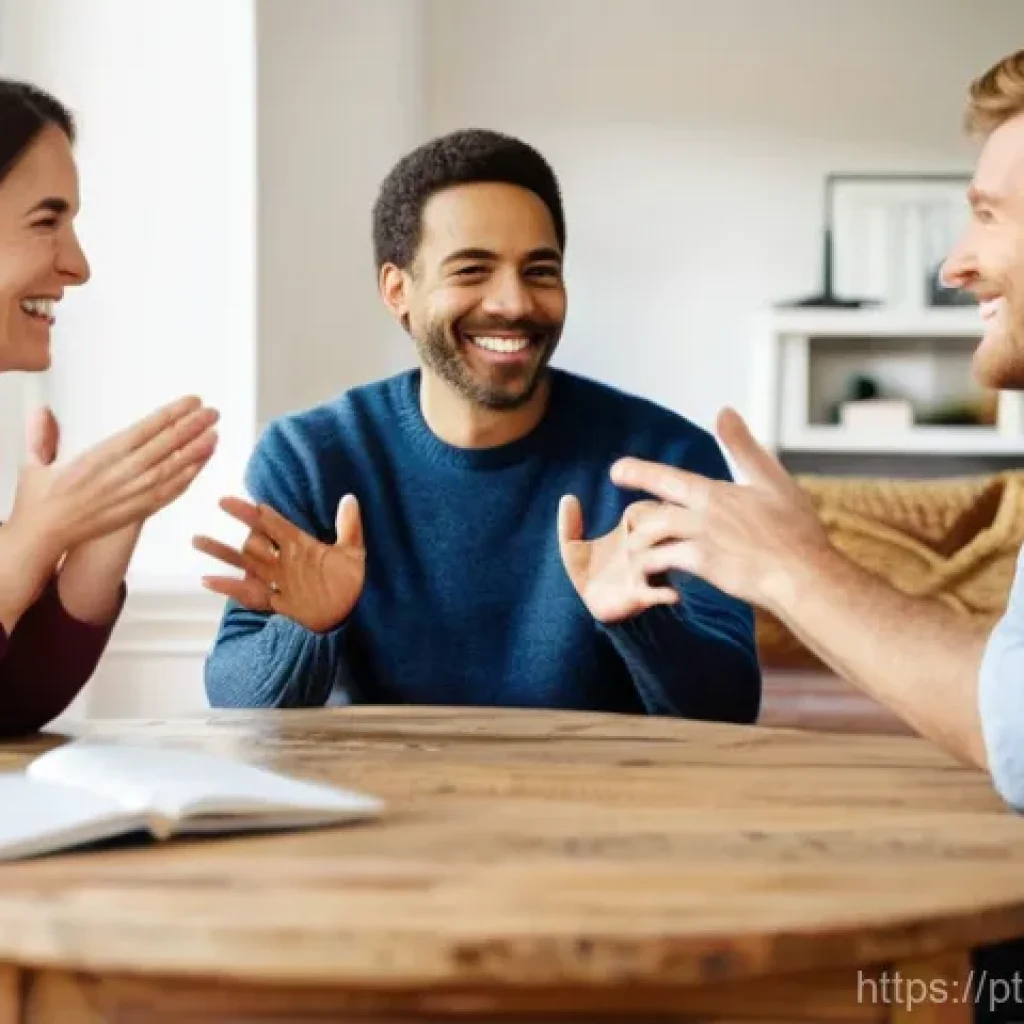 삶의 의미를 찾는 데 필요한 대화법 - **Prompt:** A diverse group of four individuals, ranging from young adults to middle-aged, are seate...