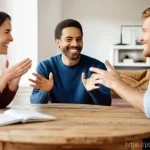 삶의 의미를 찾는 데 필요한 대화법 - **Prompt:** A diverse group of four individuals, ranging from young adults to middle-aged, are seate...