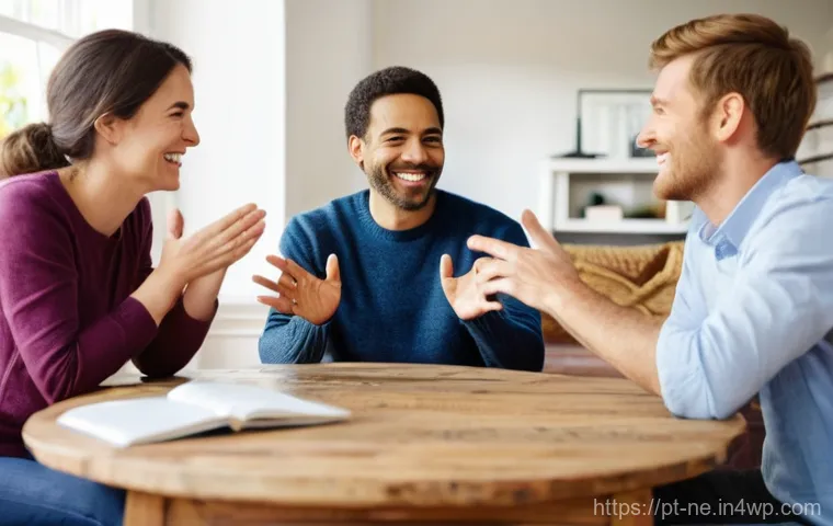 삶의 의미를 찾는 데 필요한 대화법 - **Prompt:** A diverse group of four individuals, ranging from young adults to middle-aged, are seate...