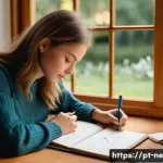 삶의 의미를 찾기 위한 일지 작성하기 - A cozy, sunlit home office scene featuring a person journaling in a beautifully personalized traditi...