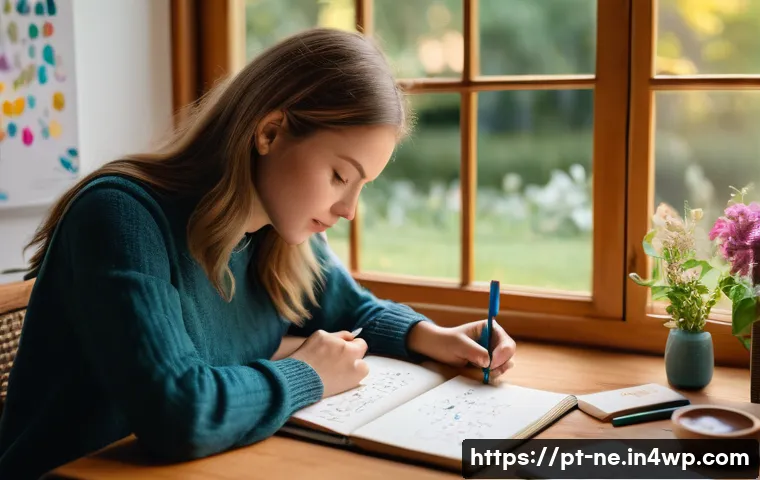 삶의 의미를 찾기 위한 일지 작성하기 - A cozy, sunlit home office scene featuring a person journaling in a beautifully personalized traditi...