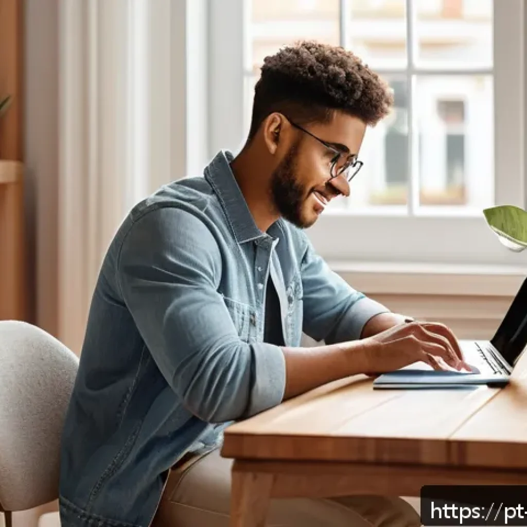 자기 성장을 위한 목표 설정하기 - A cozy, sunlit home office scene featuring a young adult with light brown skin, wearing casual comfo...