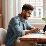 Home 22 자기 성장을 위한 목표 설정하기 - A cozy, sunlit home office scene featuring a young adult with light brown skin, wearing casual comfo...