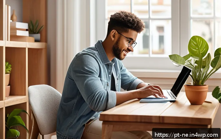 자기 성장을 위한 목표 설정하기 - A cozy, sunlit home office scene featuring a young adult with light brown skin, wearing casual comfo...