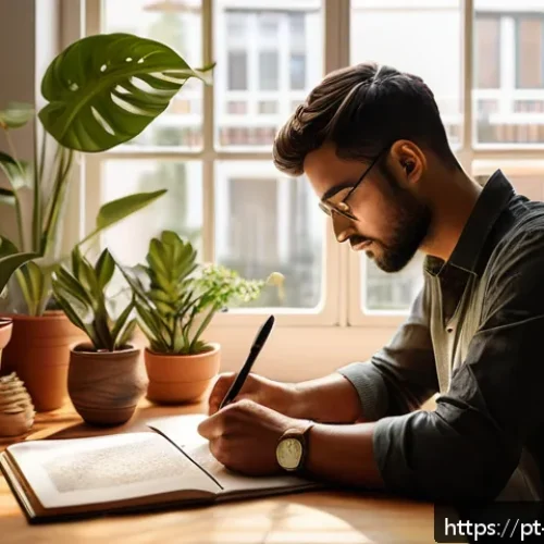 Home 33 삶의 목표가 왜 중요한가 - A serene and inspiring workspace bathed in natural sunlight, featuring a person thoughtfully journal...