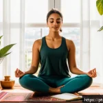 Home 18 자신을 위한 삶의 목적 정의하기 - A serene morning scene of a young Brazilian woman practicing meditation and journaling in her cozy, ...