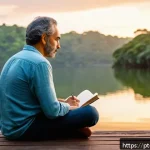Home 23 삶의 목적 찾기에 필요한 인생 경험 - A contemplative middle-aged Brazilian man sitting peacefully on a wooden deck overlooking a serene l...