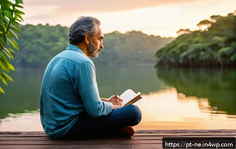 삶의 목적 찾기에 필요한 인생 경험 - A contemplative middle-aged Brazilian man sitting peacefully on a wooden deck overlooking a serene l...